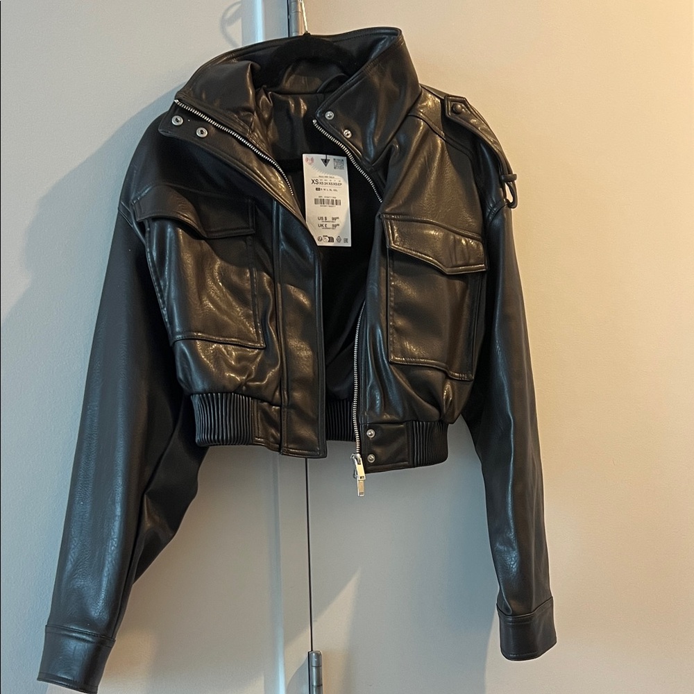 Zara Brown Vegan Leather Cropped Bomber Jacket xs - Picture 3 of 13